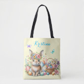 Osterhase mit Blumenkorb und gefärbten Eiern Tasche (Vorderseite)