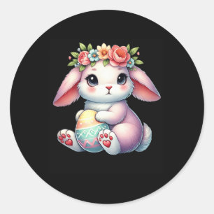 Osterhase mit Blumenkrone Mädchen Frauen Floral  Runder Aufkleber