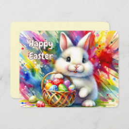 Osterhase mit bunten Eiern im Korb - Feiertagskarte