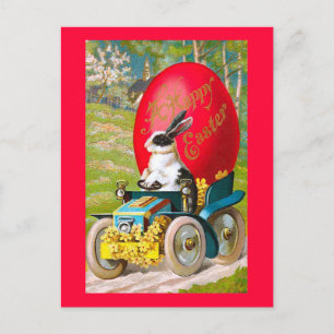 Osterhase mit Coolem Wagen Vintage Blüte Feiertagspostkarte
