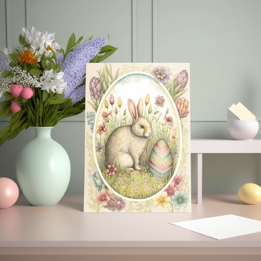 Osterhase mit dekoriertem Ei und Blume Karte