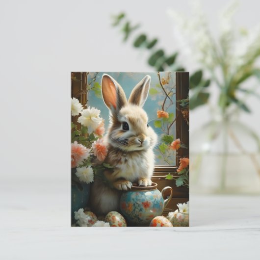 Osterhase mit detaillierten Eiern und Blume Postkarte (Stehend Vorderseite)