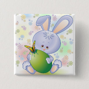 Osterhase mit Ei und Blumen Button