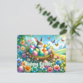 Osterhase mit Eiern im Blumengarten - Feiertagskarte (Stehend Vorderseite)
