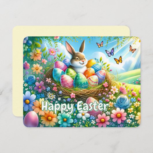 Osterhase mit Eiern im Blumengarten - Feiertagskarte (Vorne/Hinten)