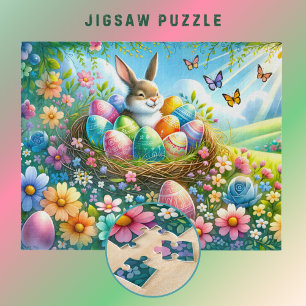 Osterhase mit Eiern im Blumengarten - Puzzle