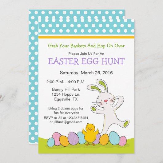 Osterhase mit Eizelljagd Einladung (Vorne/Hinten)