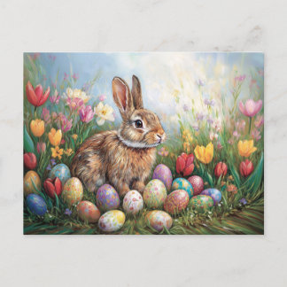 Osterhase mit farbenfrohen Tulpen Malerei Postkarte