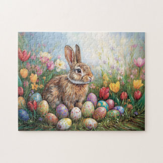 Osterhase mit farbenfrohen Tulpen Malerei Puzzle