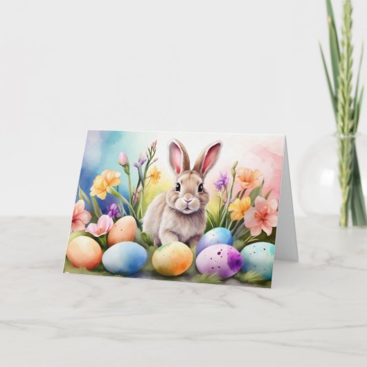 Osterhase mit Frühlingsblumen, bemalte Eier Feiertagskarte (Vorderseite)