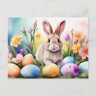 Osterhase mit Frühlingsblumen, bemalte Eier Feiertagspostkarte