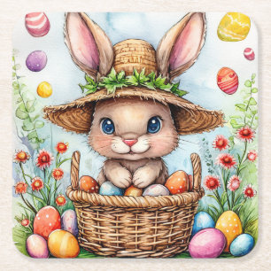 Osterhase mit Hut im Korb Rechteckiger Pappuntersetzer