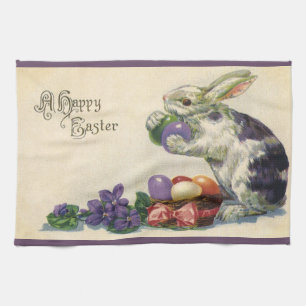 Osterhase mit Ostereiern im Korb im Vintage-Stil Geschirrtuch