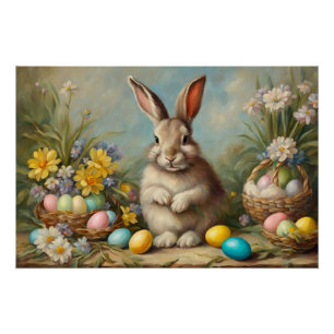 Osterhase mit Osterkörben, Blumen im Vintage-Stil Poster
