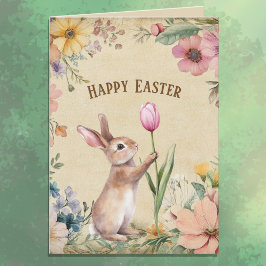 Osterhase mit rosa Tulpe im Vintage-Blumenstil Karte