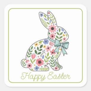 Osterhase mit rosa und blauen Wildblumen Quadratischer Aufkleber