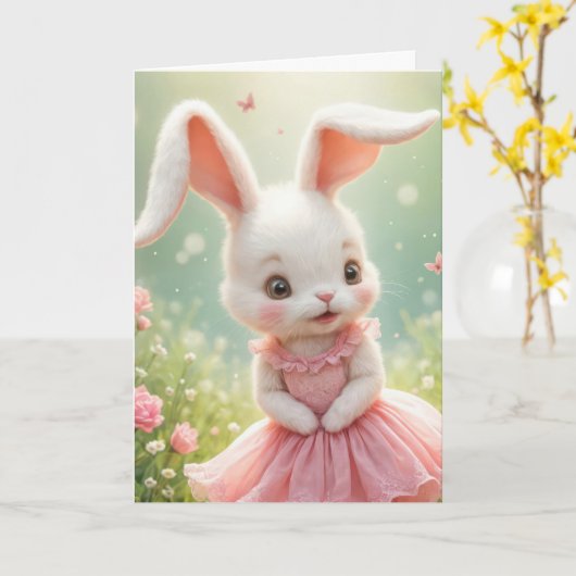 Osterhase mit rosafarbenem Kleid Karte (Gelbe Blume)