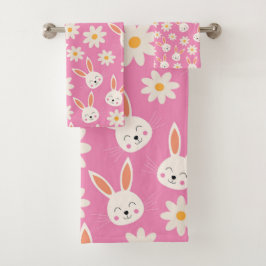 Osterhase mit weißen Blume auf Pink Badhandtuch Set