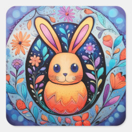 Osterhase Niedliche Frühlingsblumen Quadratischer Aufkleber