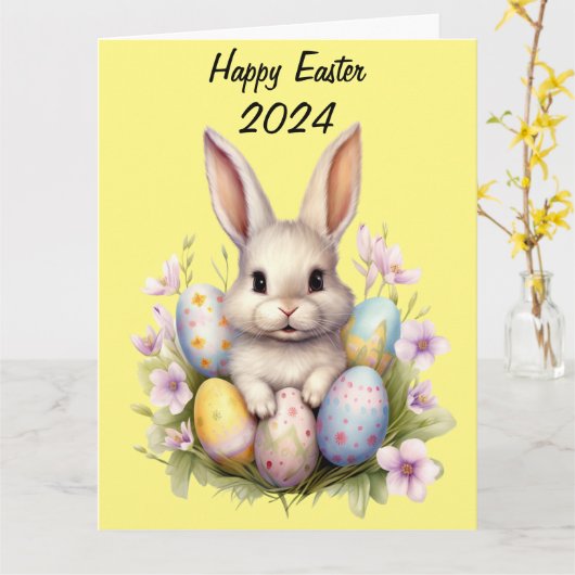 Osterhase & Ostereier Kunstwerk Karte (Gelbe Blume)