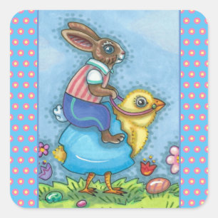 OSTERHASE REITET SÜßES KÜKEN IN BLAUEM EI, LAUNE QUADRATISCHER AUFKLEBER