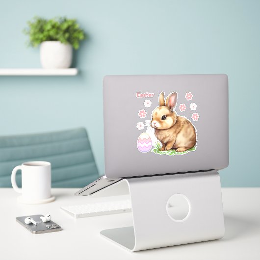 Osterhase, rosa Blume und Ostereier Aufkleber (Laptop auf Schreibtisch)