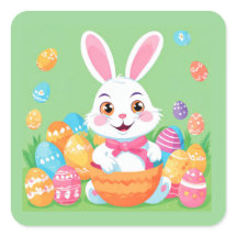 Osterhase rosa Schleife und bunte Eier auf Grün