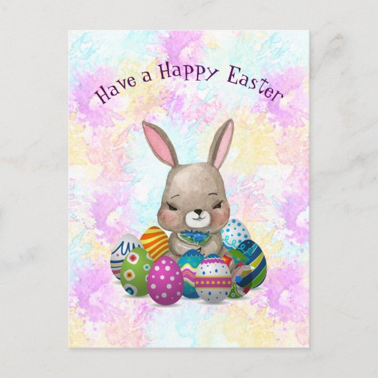 Osterhase umgeben durch Ostereier Feiertagspostkarte (Vorderseite)