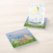 Osterhase und Affodien Glasuntersetzer (Schrägansicht)