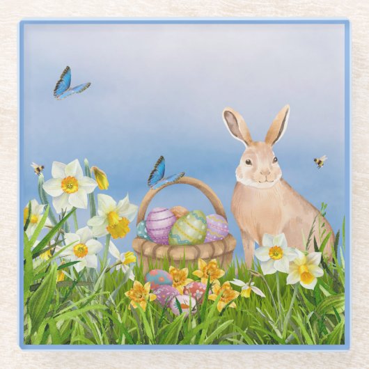 Osterhase und Affodien Glasuntersetzer (Vorderseite)