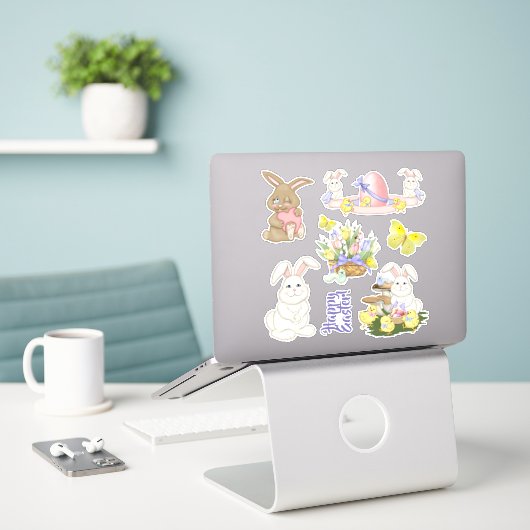 Osterhase und Blumen Frühling Die Vinyl Set schnei Aufkleber (Laptop auf Schreibtisch)