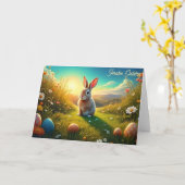 Osterhase und bunte Eier im Frühlingszauber Karte (Gelbe Blume)