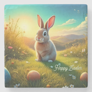 Osterhase und bunte Eier in Frühlingszauber Steinuntersetzer
