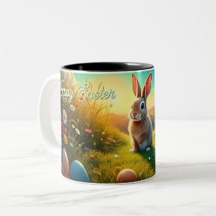 Osterhase und bunte Eier in Frühlingszauber Zweifarbige Tasse