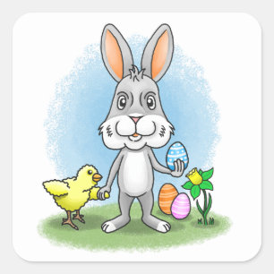 Osterhase und das gelbe Huhn Quadratischer Aufkleber
