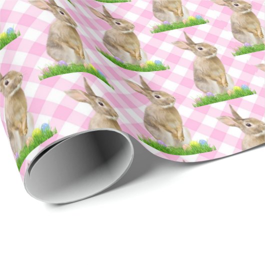 Osterhase und Eier auf Rosa Gingham Geschenkpapier (Rolleneckpunkt)