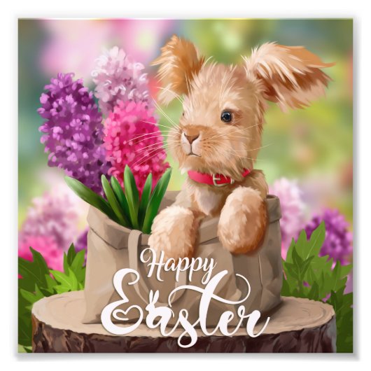 Osterhase und ein Blumenstrauß von Hyazinthen Fotodruck (Vorne)