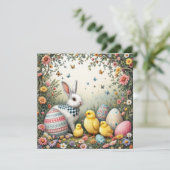 Osterhase und Hühner im Garten Feiertagskarte (Stehend Vorderseite)