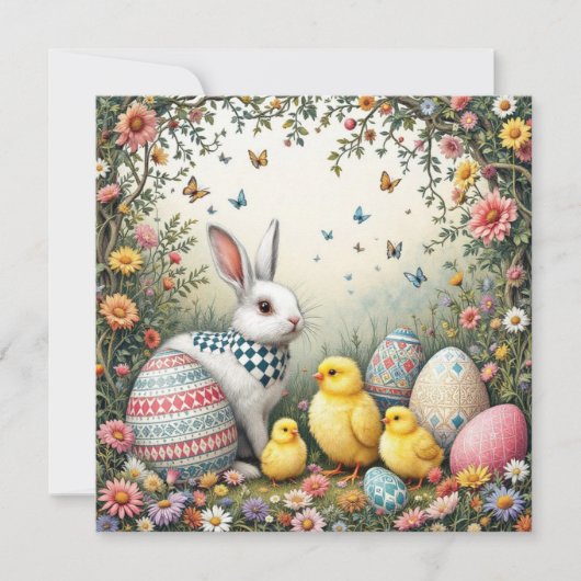 Osterhase und Hühner im Garten Feiertagskarte (Vorderseite)