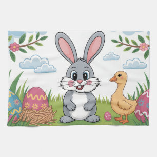 Osterhase und Küken auf einer Frühlingswiese Geschirrtuch