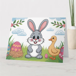 Osterhase und Küken auf einer Frühlingswiese Karte