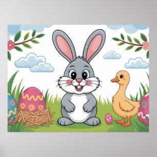 Osterhase und Küken auf einer Frühlingswiese Poster