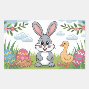 Osterhase und Küken auf einer Frühlingswiese Rechteckiger Aufkleber
