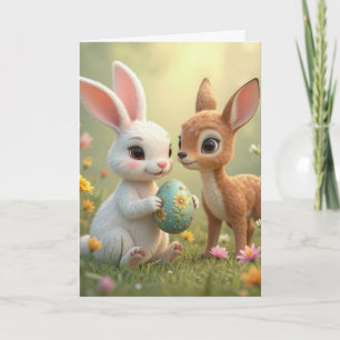 Osterhase und Reh in Wildblumen Karte