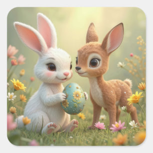 Osterhase und Reh in Wildblumen Quadratischer Aufkleber