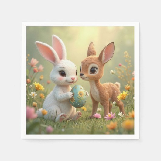 Osterhase und Reh in Wildblumen Serviette (Vorderseite)