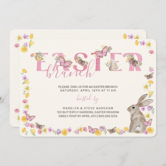 Osterhase und Schmetterling Dainty Floral Brunch Einladung (Vorne/Hinten)