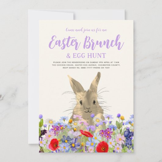Osterhase und Wildblumen Ei-Jagd und Brunch Einladung (Vorderseite)