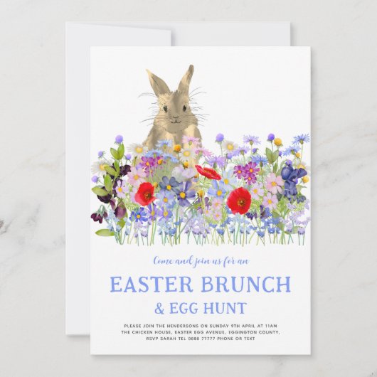 Osterhase und Wildblumen Ei-Jagd und Brunch Einladung (Vorderseite)