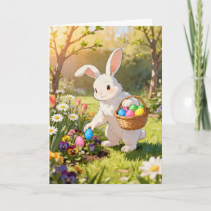 Osterhase versteckt Eier in einem Garten Feiertagskarte